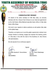 Youth Assembly of Nigeria, Abia Chapter Felicitates With Hon Iheanyi Frank Chinasa on His Elevation as Chief Liaison Officer, Abia State Liaison Office, Abuja